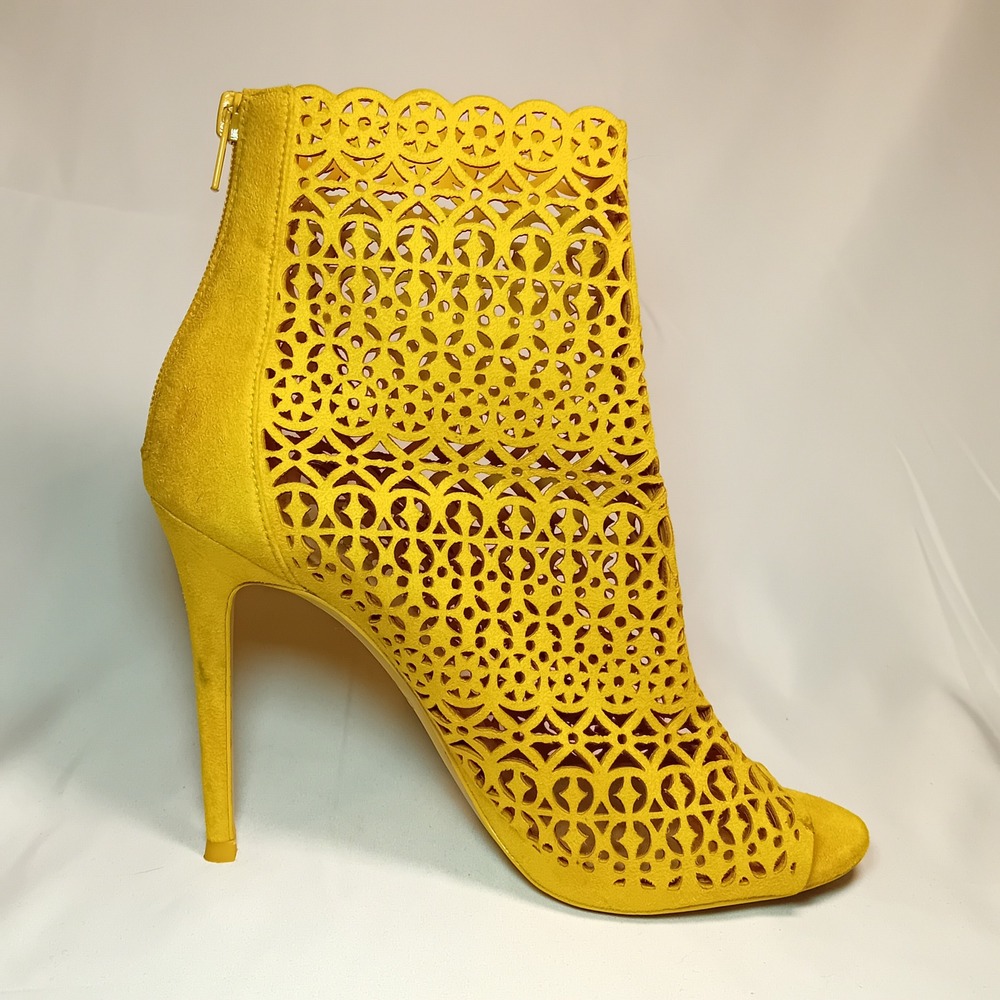 ALDO Yellow Suede Laser Cutout Peep Toe Stiletto Heel Bootie Ankle Boot 8.5 READ - Picture 8 of 16